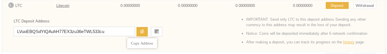 Screenshot of LTC deposit